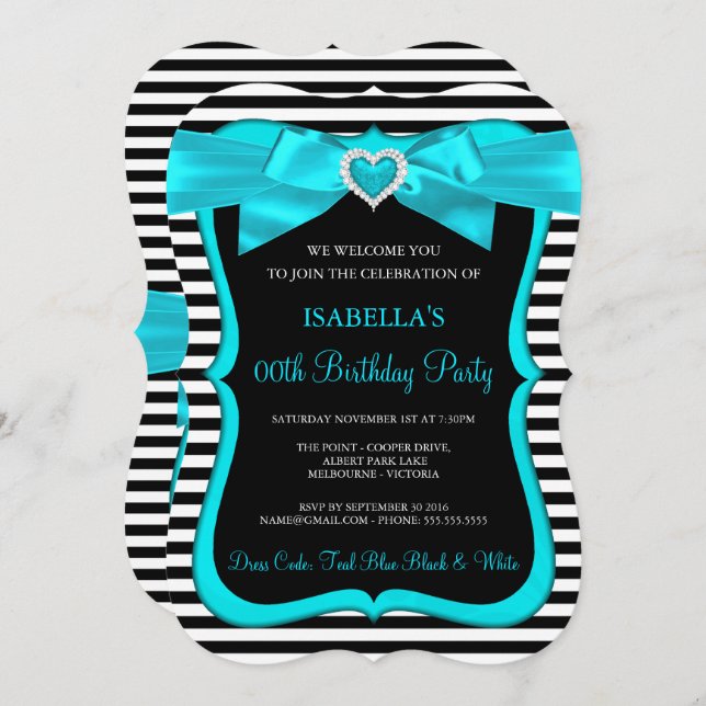 Teal Blue Bow Black White Stripe Birthday Party Invitation (Front/Back)