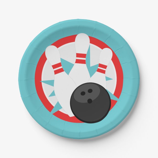 Teal Blue Bowling Pin Paper Plates (Front)