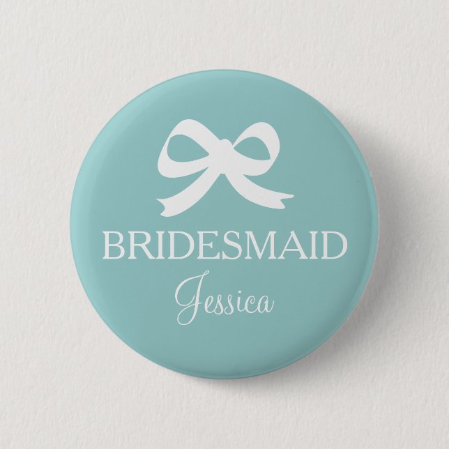 Teal blue bridesmaid button for wedding party (Front)