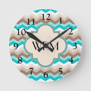 Teal Blue Brown Chevron Modern Monogram Round Clock