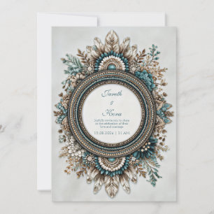 Teal Blue Brown Feather Floral Rustic Wedding Invitation