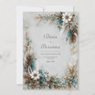 Teal Blue Brown Feather White Floral Wedding Invitation