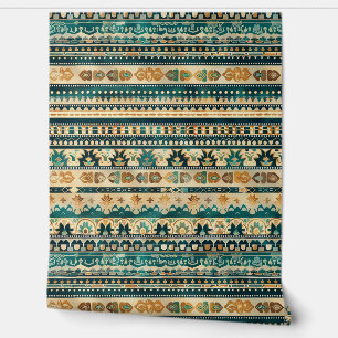 Teal Blue Brown Ornamental Striped Pattern  Wallpaper