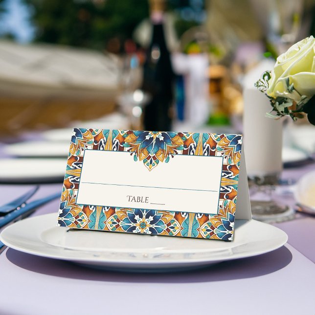 Teal Blue brown vintage talavera wedding Place Card (Teal Blue brown vintage talavera Mexican Spanish wedding Place Card personalized table decor)