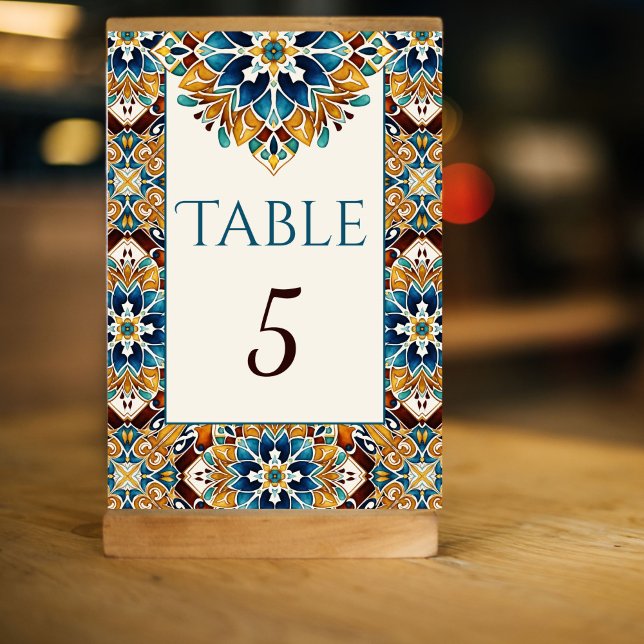 Teal Blue brown vintage talavera wedding Table Number (Teal Blue brown vintage talavera Mexican Spanish wedding Table Number cards reception table decor)