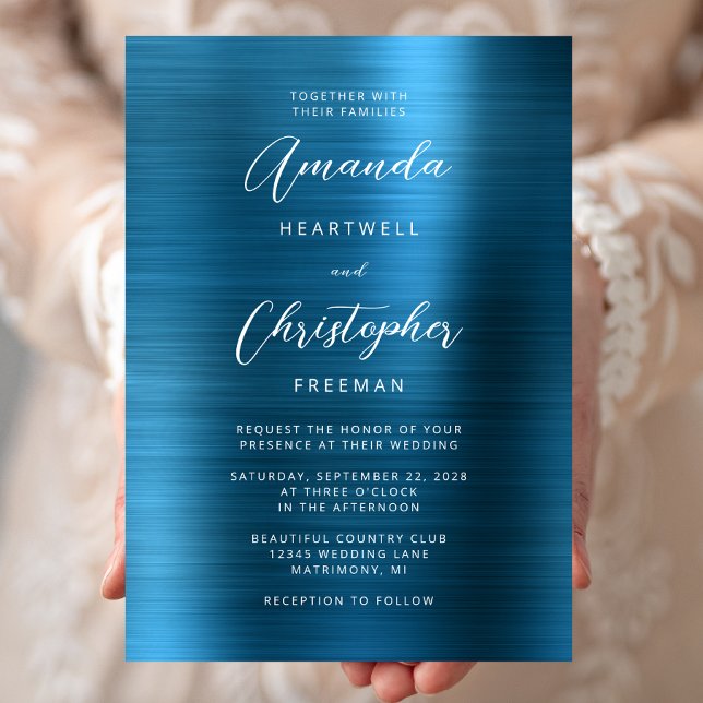 Teal Blue Brushed Metal Script Wedding Invitation (Creator Uploaded)