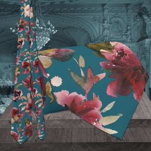 Teal Blue & Burgundy Raspberry Pink Peony Wedding Tie