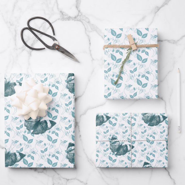 Teal Blue Butterflies Birthday Wrapping Paper Sheet (Front)