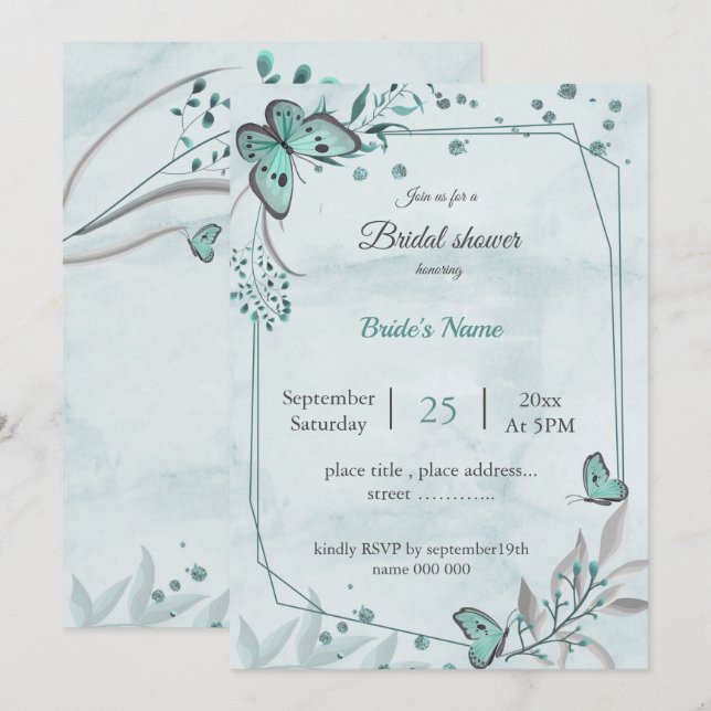 teal blue butterflies leaves floral bridal shower invitation (Front/Back)