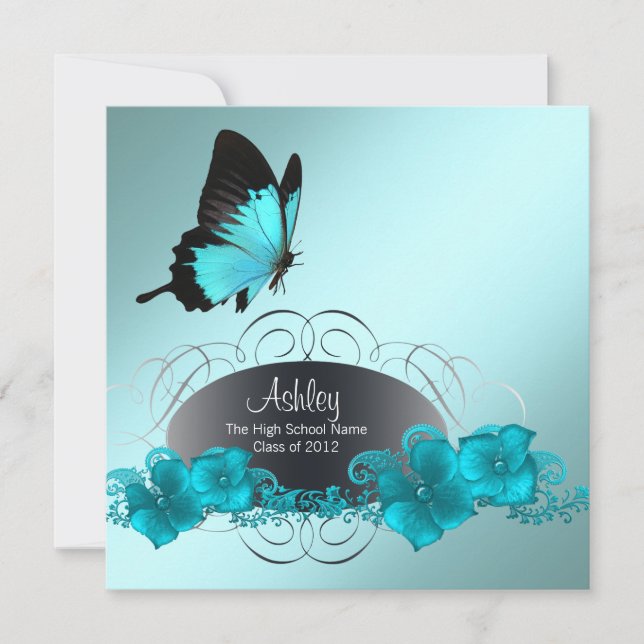 Teal Blue Butterfly Graduation Announcements (Front)