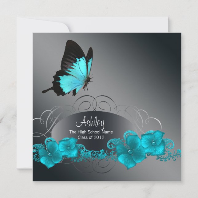Teal Blue Butterfly Graduation Announcements (Front)
