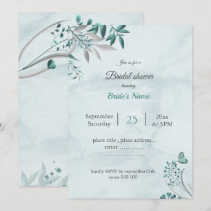 teal blue butterfly leaves floral bridal shower invitation