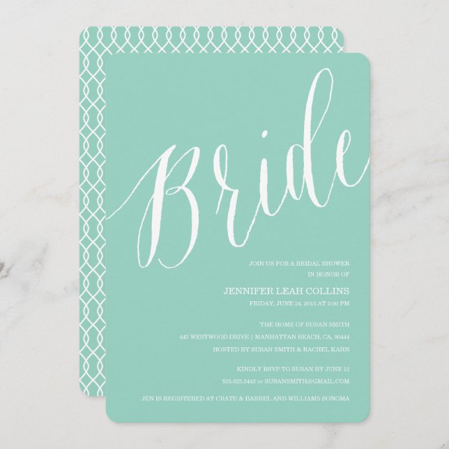 Teal Blue Calligraphy Bridal Shower Invitations (Front/Back)