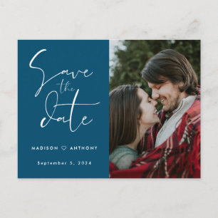 Teal Blue Calligraphy Save the Date Wedding Photo Invitation Postcard