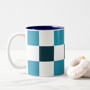 Teal Blue Chequerboard Two-Tone Coffee Mug
