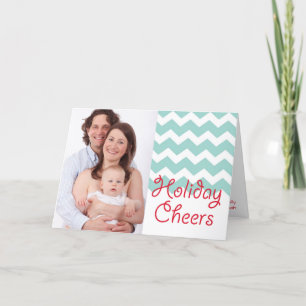 Teal blue chevron holiday cheers Christmas photo Card