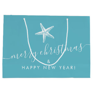 Teal Blue Coastal Christmas Starfish Personalised Large Gift Bag