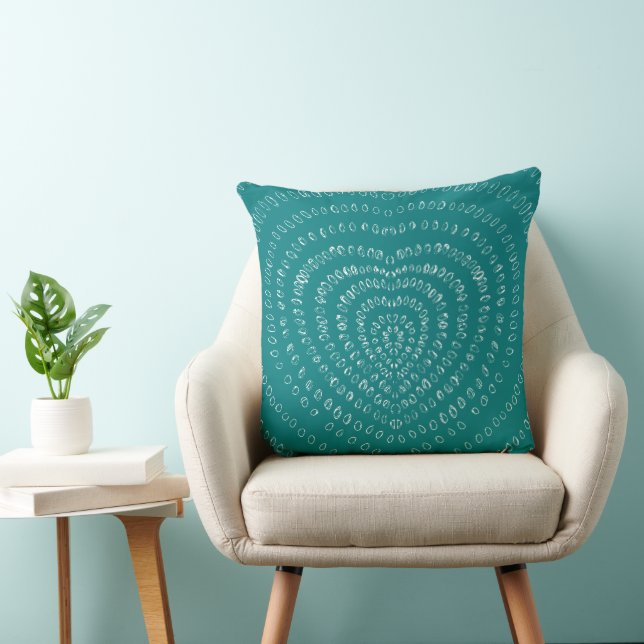 Teal Blue Concentric White Hearts Boho Cushion (Chair)