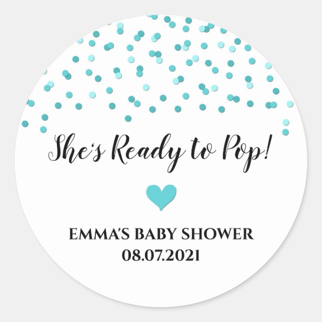 Teal Blue Confetti Heart She's Ready to Pop Classic Round Sticker (Front)