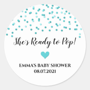 Teal Blue Confetti Heart She's Ready to Pop Classic Round Sticker