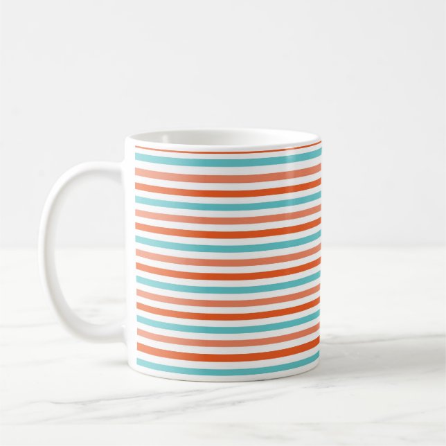 Teal Blue, Coral Orange Stripes, Striped Coffee Mug (Left)