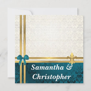 Teal blue & cream damask & gold ribbon wedding invitation
