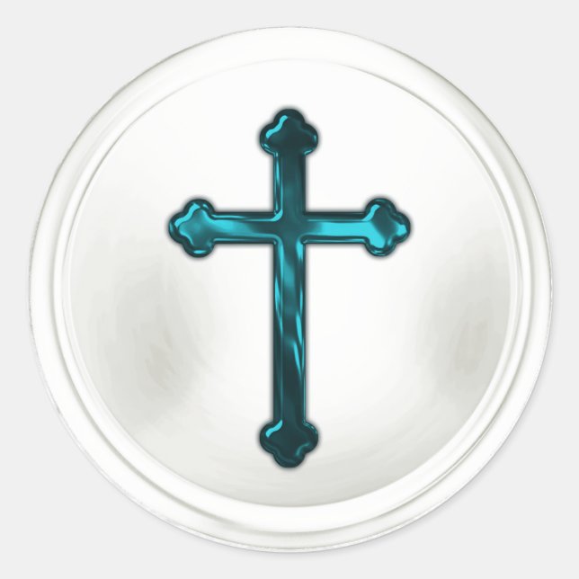 Teal Blue Cross on White Envelope Seal Sticker (Front)