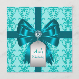 Teal Blue Damask Baby Baptism Christening Invitation