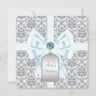 Teal Blue Damask Baby Baptism Christening Invitation