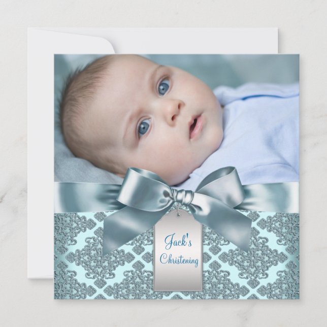 Teal Blue Damask Baby Boy Photo Christening Invitation (Front)
