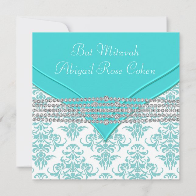 Teal Blue Damask Bat Mitzvah Invitation (Front)