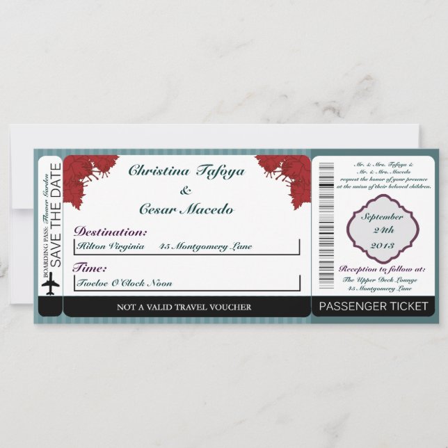 Teal Blue Damask/ Boarding Pass Wedding Invitation (Front)