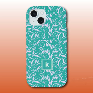 Teal Blue Damask Pattern Monogram  iPhone 15 Case