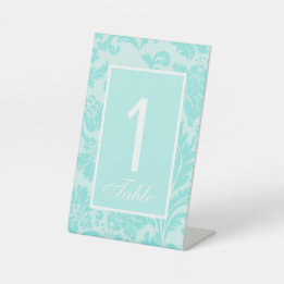 Teal blue damask print wedding table number sign