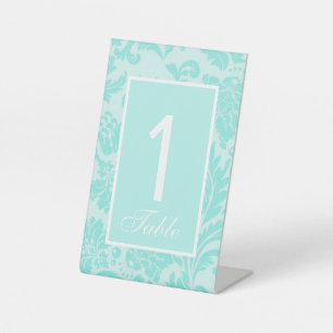 Teal blue damask print wedding table number sign