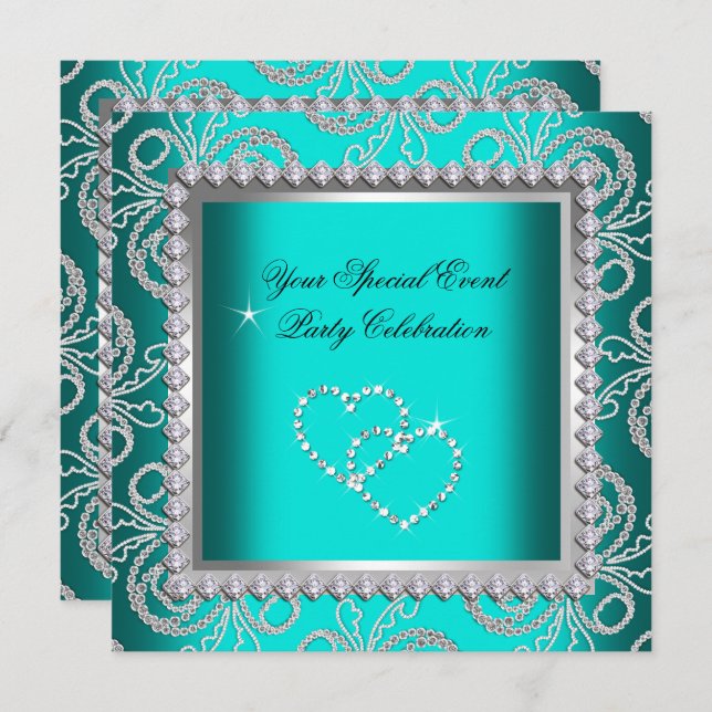 Teal Blue Damask Silver Diamonds Heart Party Invitation (Front/Back)