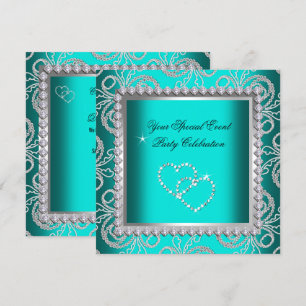 Teal Blue Damask Silver Diamonds Heart Party Invitation