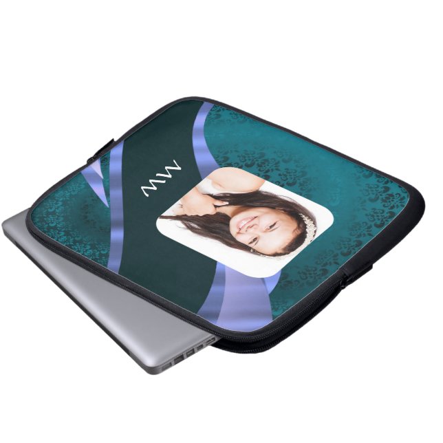Teal blue damask swirl laptop sleeve (Front Bottom)