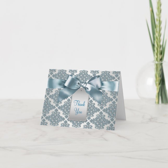 Teal Blue Damask Thank You Cards (Front)