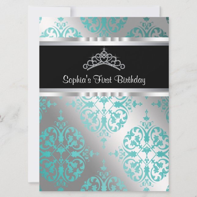 Teal Blue Damask Tiara Princess First Birthday Par Invitation (Front)
