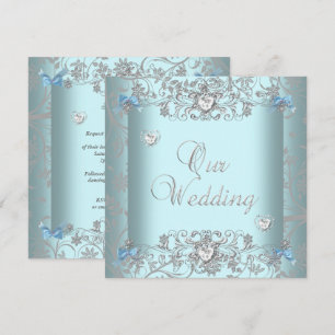 Teal Blue Damask Wedding Silver Diamond Hearts Invitation