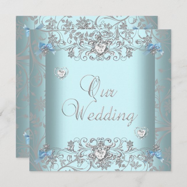 Teal Blue Damask Wedding Silver Diamond Hearts Invitation (Front/Back)