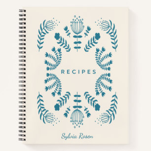 Teal Blue Danish Folk Flowers Personalised Recipe Notebook