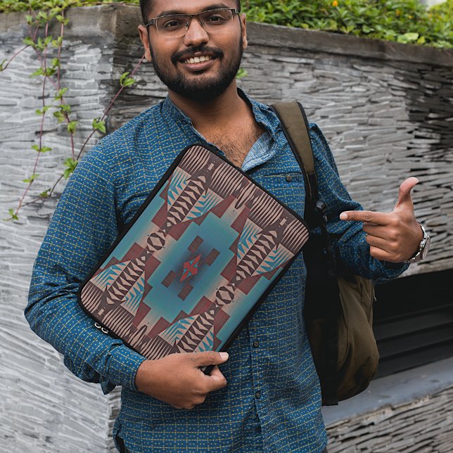 Teal Blue Dark Burgundy Red Tribal Mosaic Pattern Laptop Sleeve (Creator Uploaded)