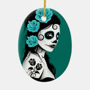 Teal Blue Day of the Dead Sugar Skull Girl Ceramic Tree Decoration