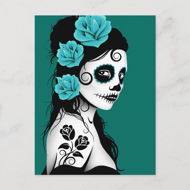 Teal Blue Day of the Dead Sugar Skull Girl Postcard (Front)