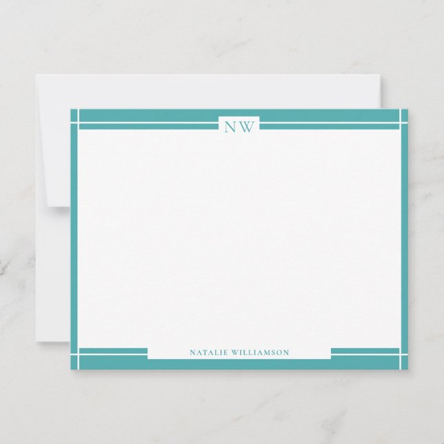 Teal Blue Decorative Border Monogram  Note Card (Front)