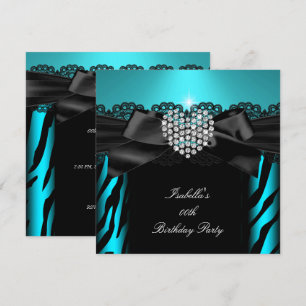 Teal Blue Diamond Heart Zebra Birthday Party 2 Invitation