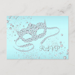 Teal Blue Diamond Mask Masquerade Party RSVP Card