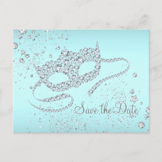 Teal Blue Diamond Masquerade Party Save The Date Announcement Postcard (Front)